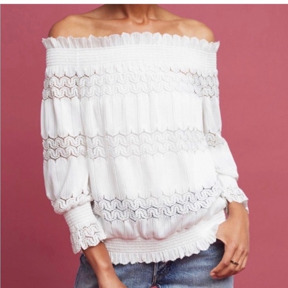 NWT Anthropologie Deletta Riley Long Sleeve Off-shoulder Crochet Lace Smock Top - Picture 3 of 14